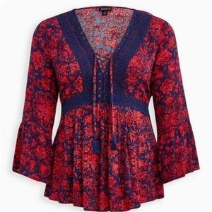 Torrid Red Blue Babydoll Gauze Crochet Trim Lace Up Floral Boho Top Size 4